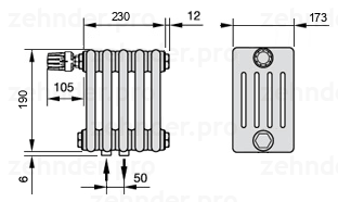 Схема (чертеж) Радиатор Zehnder Charleston 5019/5 №V007 Белый глянцевый RAL 9016